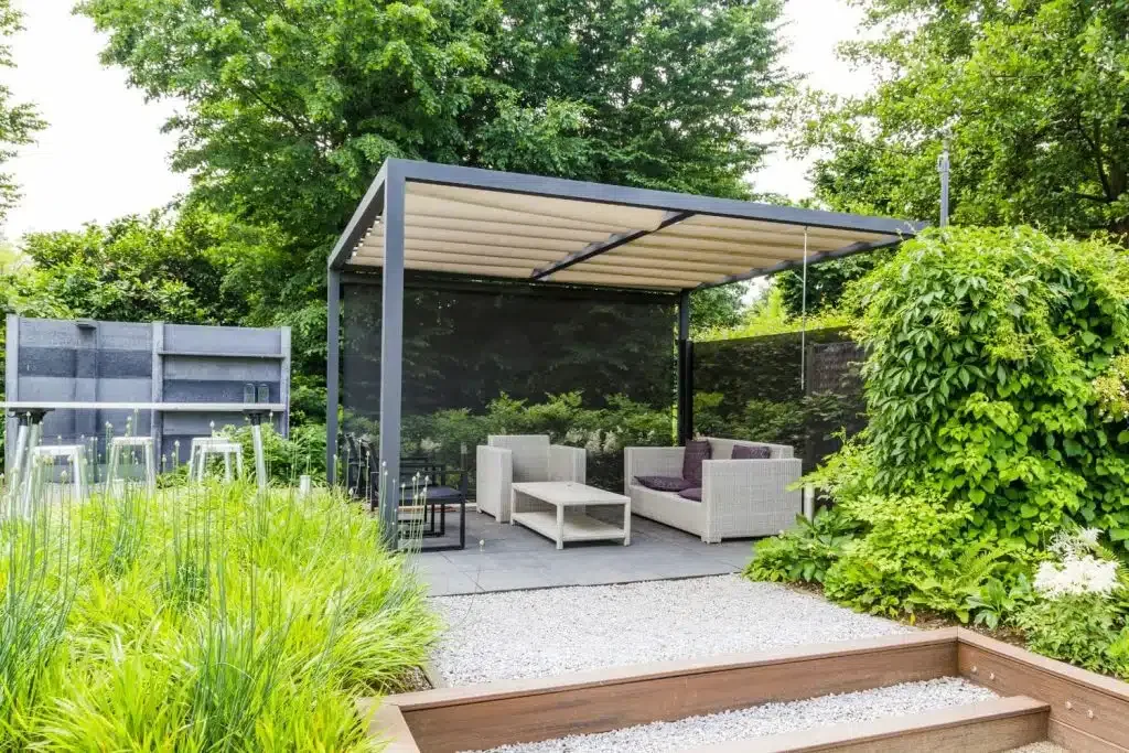 Modern pergola over an outdoor lounge setting
